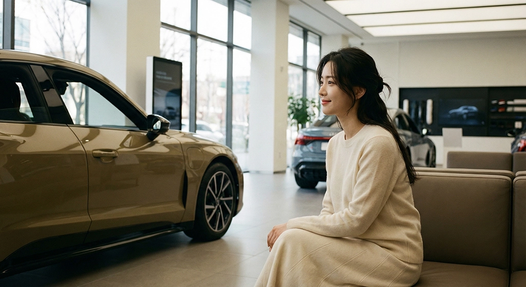 장기렌트 가격비교 추천 기준을 확인하며 전시장에서 상담을 기다리는 고객